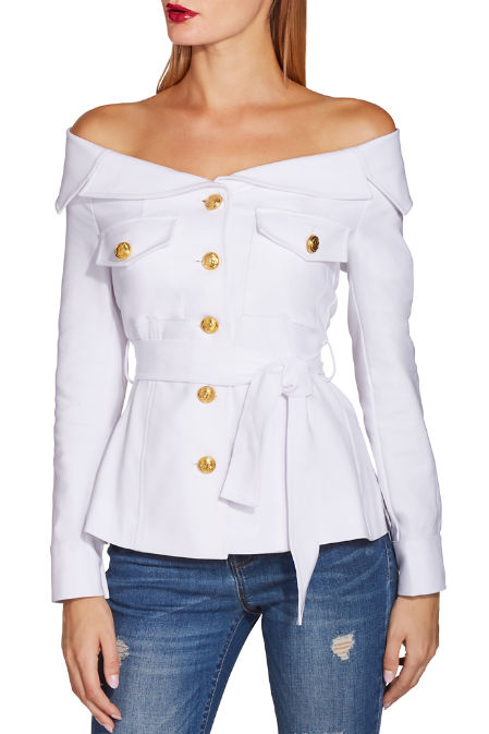 white off the shoulder jacket
