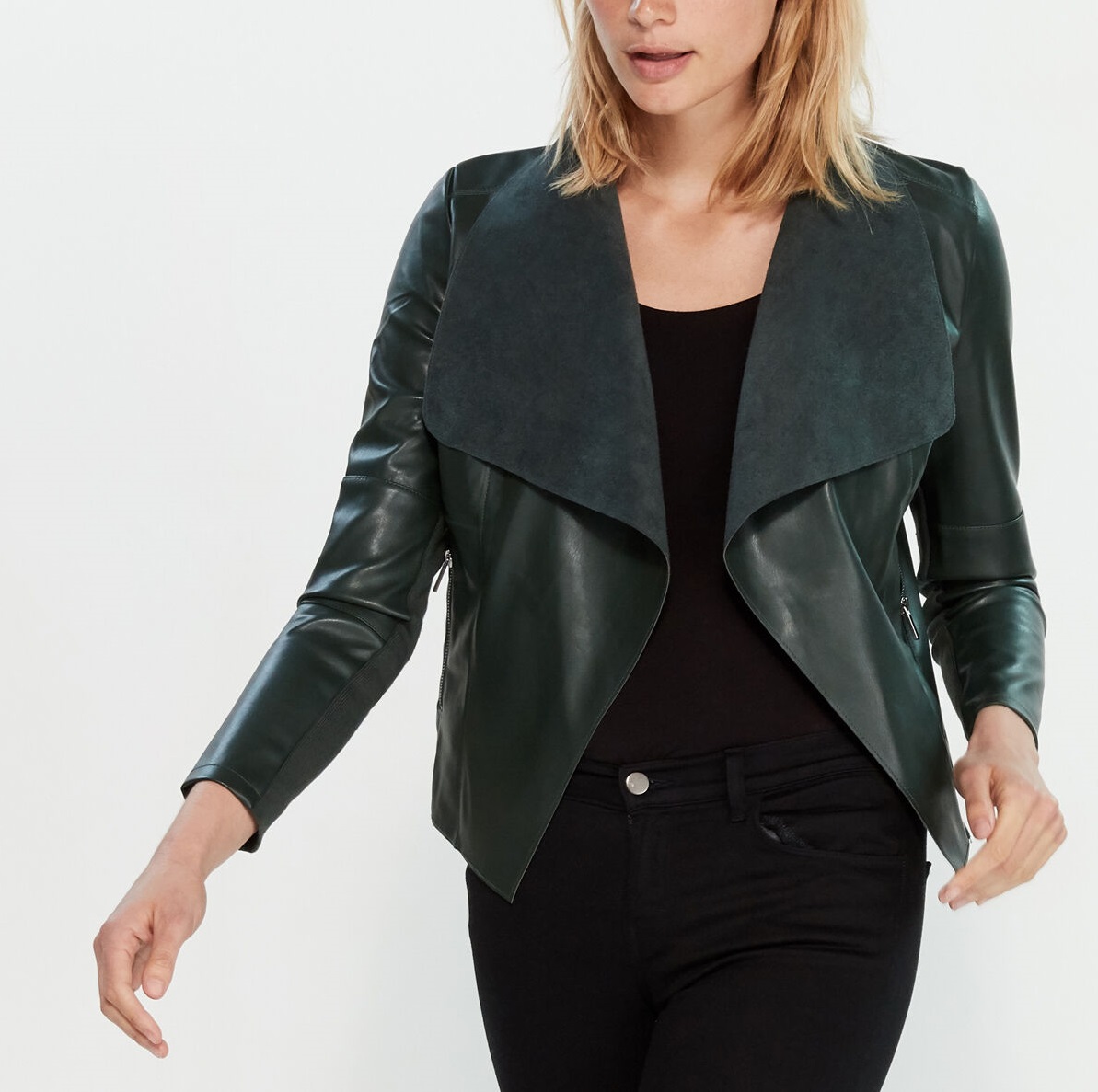 Women's Front Open Dark Green Leather Jacket - Jackets Maker