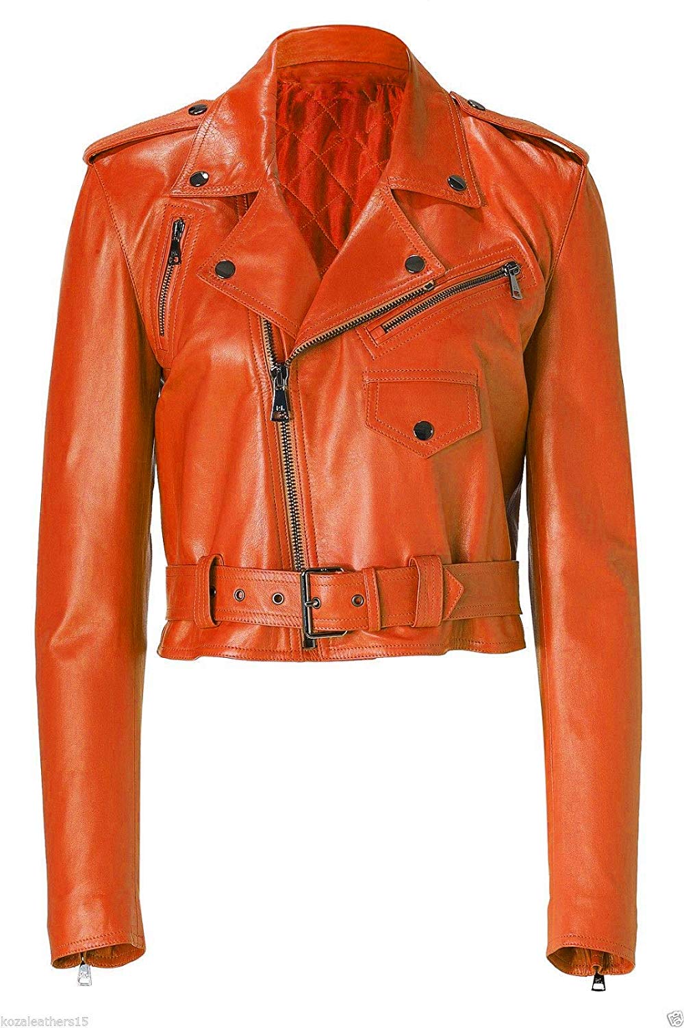 Women's Orange Cropped Biker Leather 
