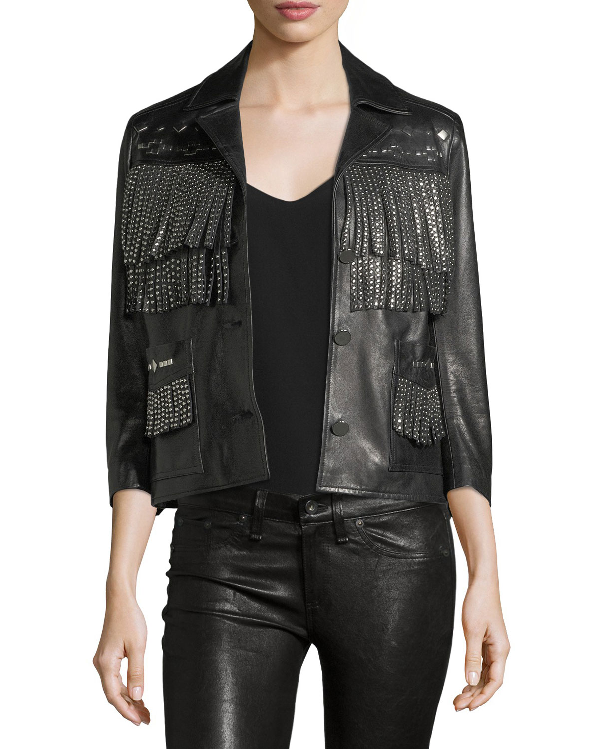 Women Fashion Studded Fringe Leather 