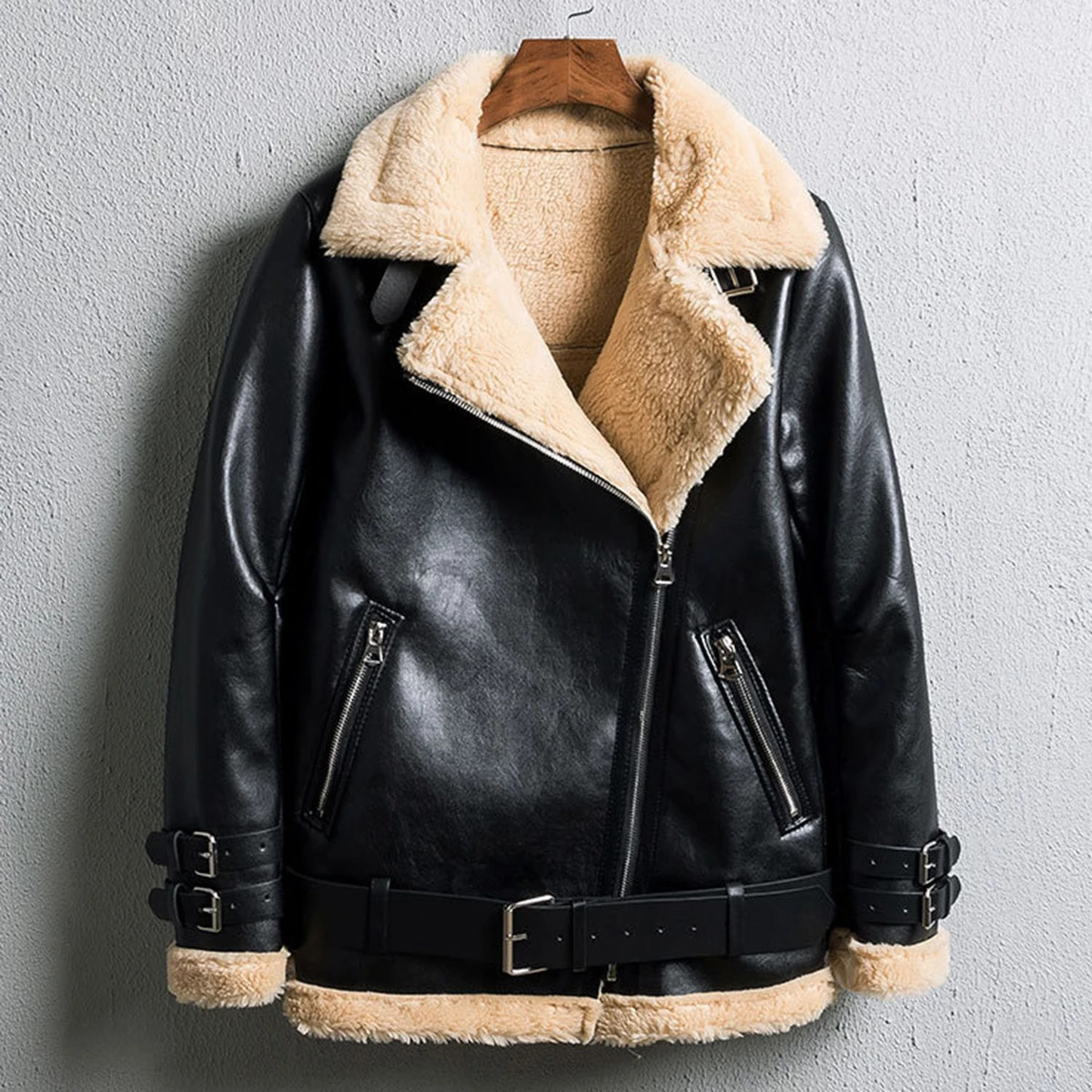 Black Faux Fur Biker Leather Jacket 