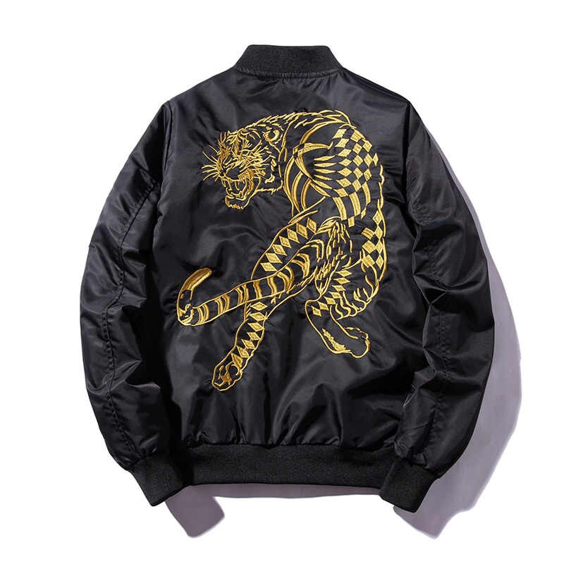 Black Bomber Jacket With Golden Tiger 