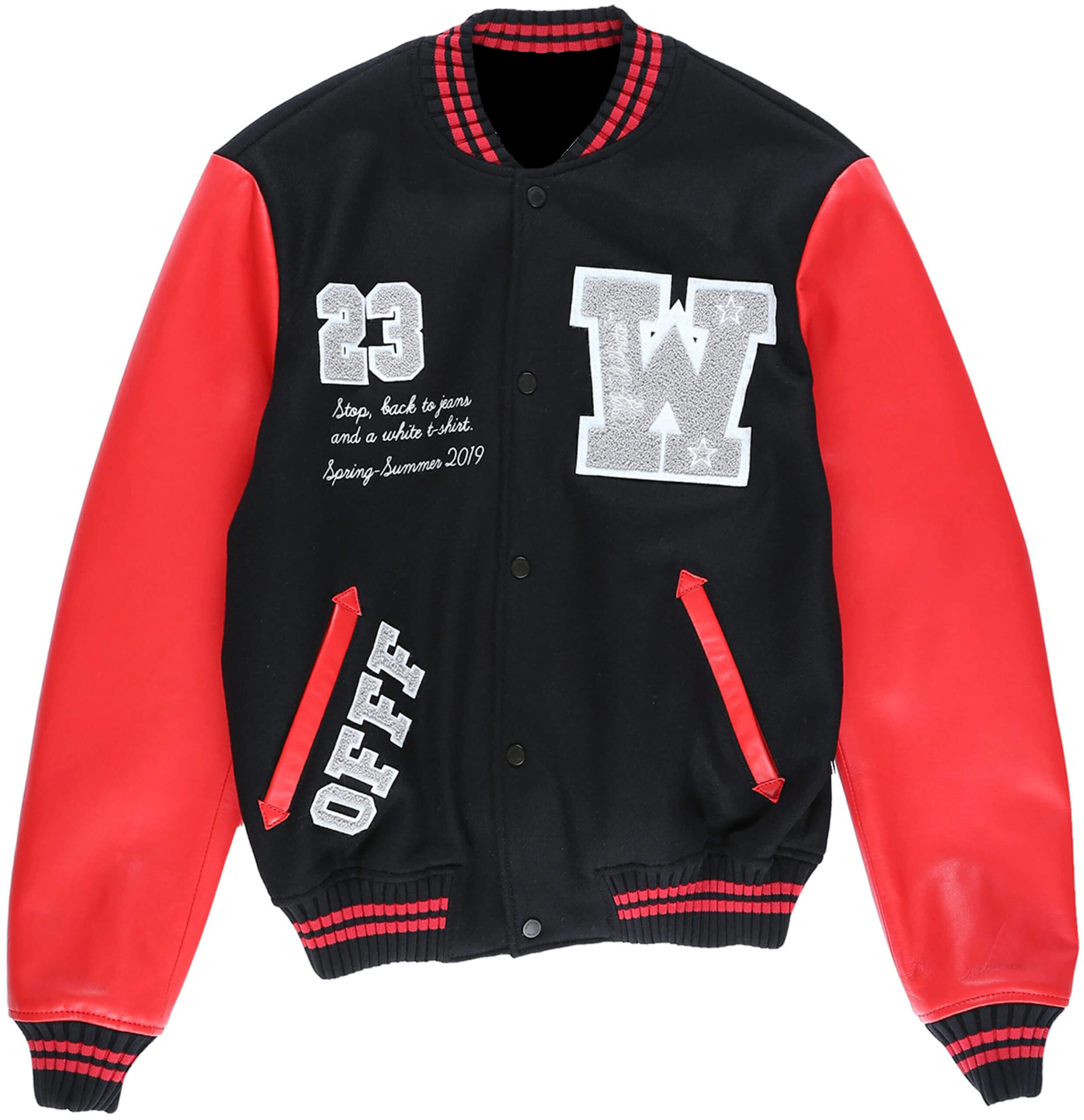 red and white bomber jacket