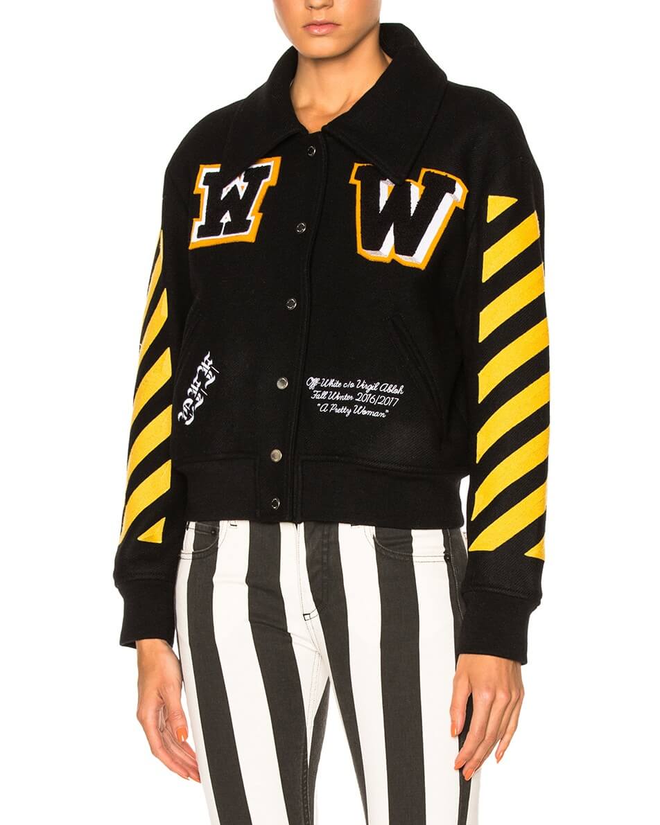 yellow and white varsity jacket