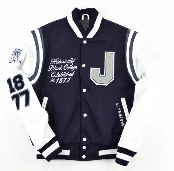 dark blue varsity jacket