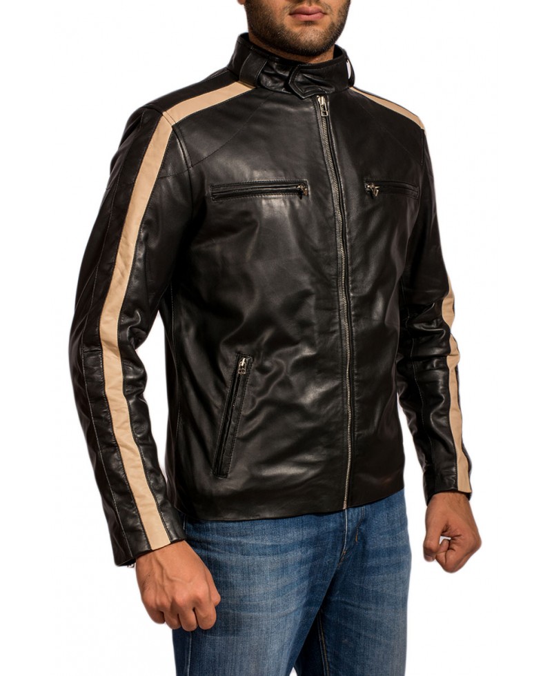 Cafe Racer Black Jacket With Off White Stripes - Jackets Maker