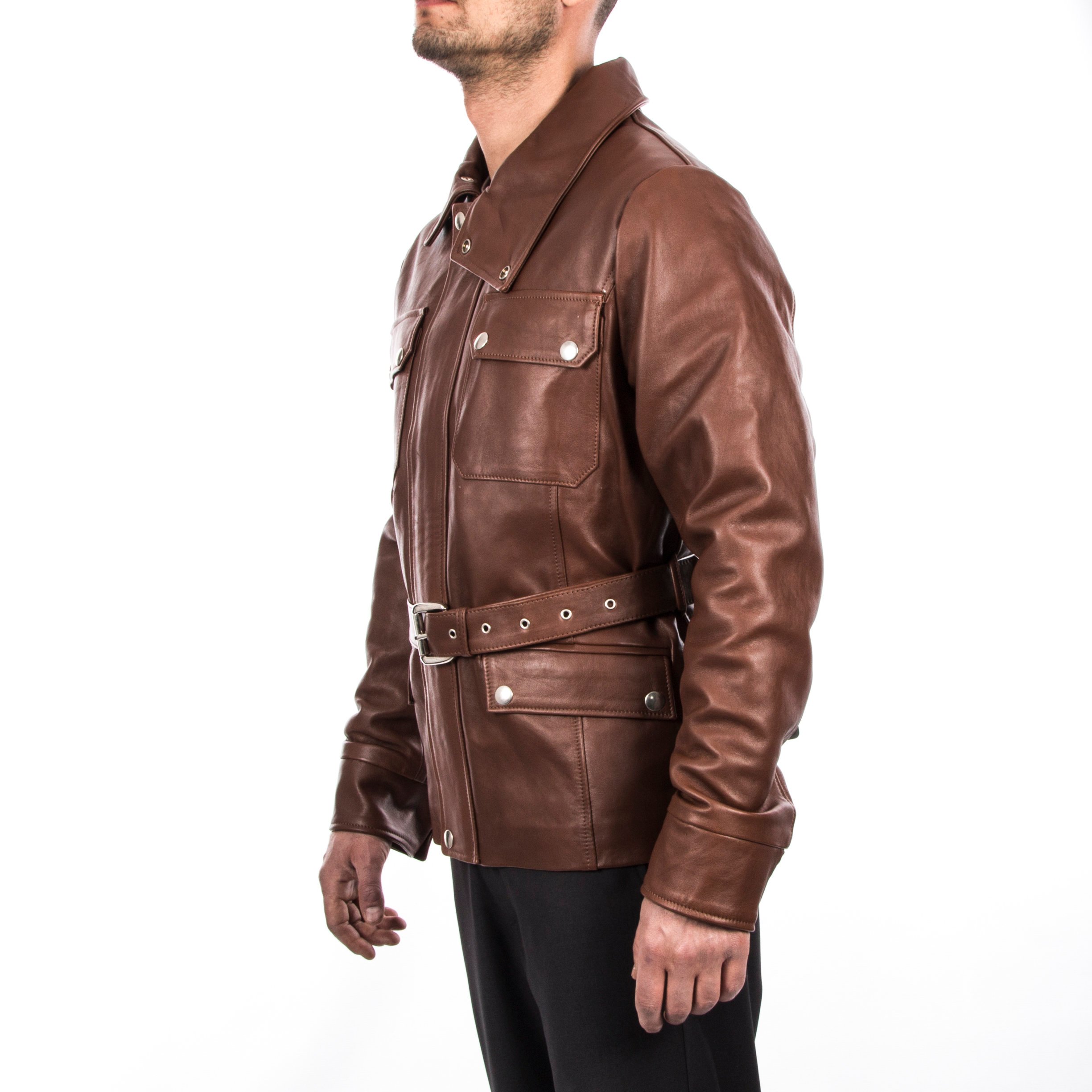Belted Brown Men Lambskin Genuine Leather Jacket Jackets Maker