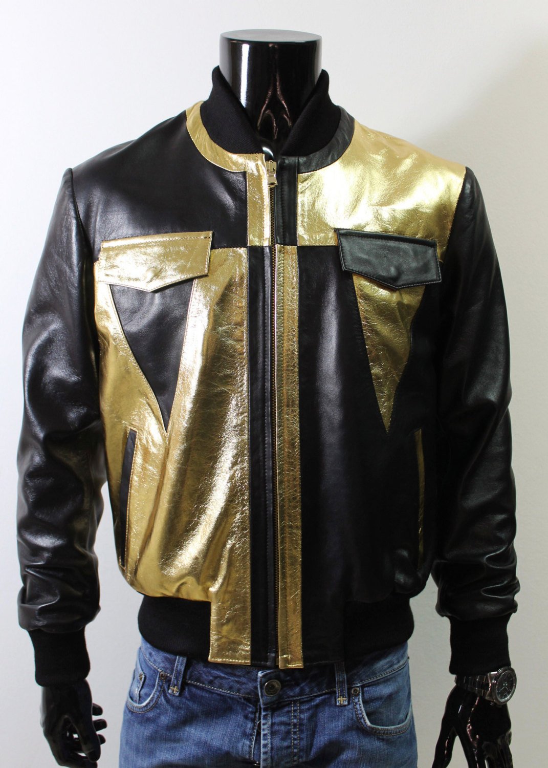 Black Metallic Gold Men Genuine Er Leather Jacket