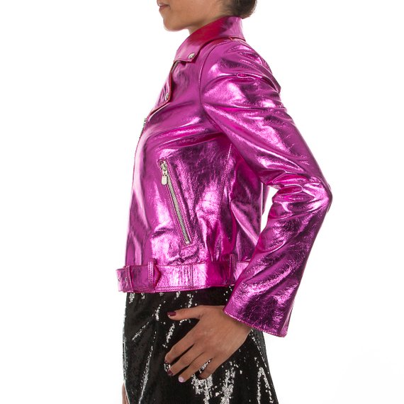 Women Soft Genuine Lambskin Lamb Leather Biker Jacket Slim Fit Color Women Soft Genuine Lambskin Lamb Leather Biker Jacket Slim Fit Color Metallic Hot Pink Fuchsia