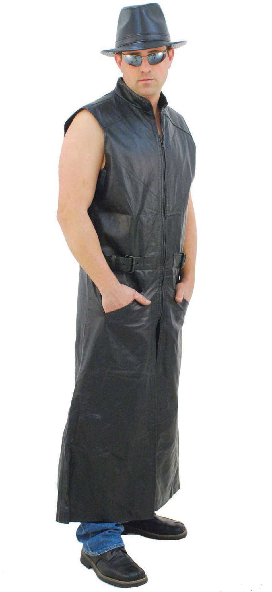 sleeveless leather jacket with hood