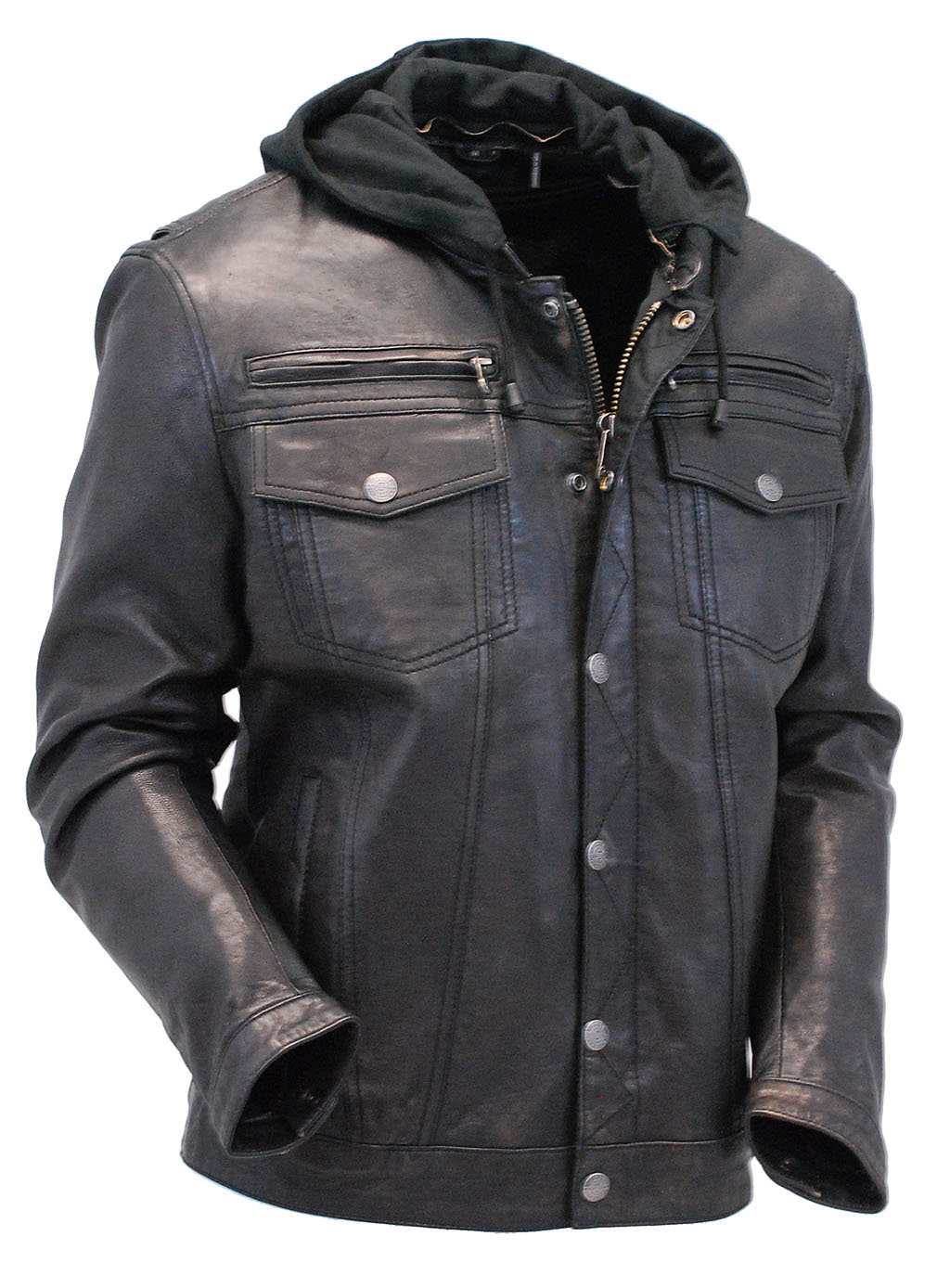 Men's Vintage Black Hooded Leather Jean Jacket Jackets Maker