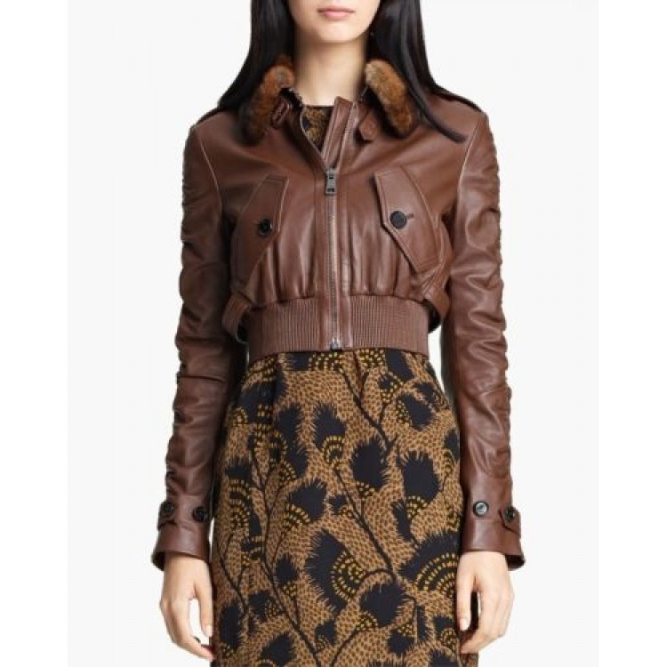Ladies Cropped Short Real Genuine Lambskin Brown Leather Jacket Ladies Cropped Short Real Genuine