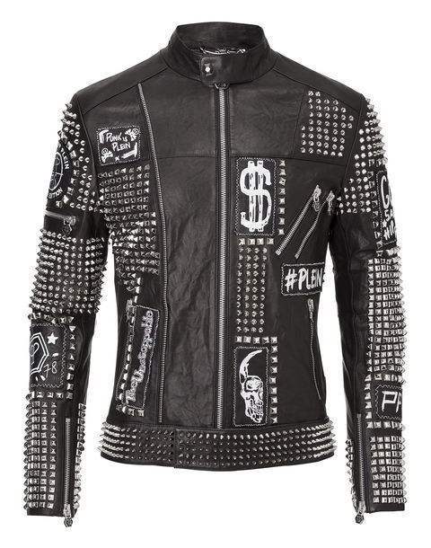 Black full studded embroidery patches leather jacket  jackets maker