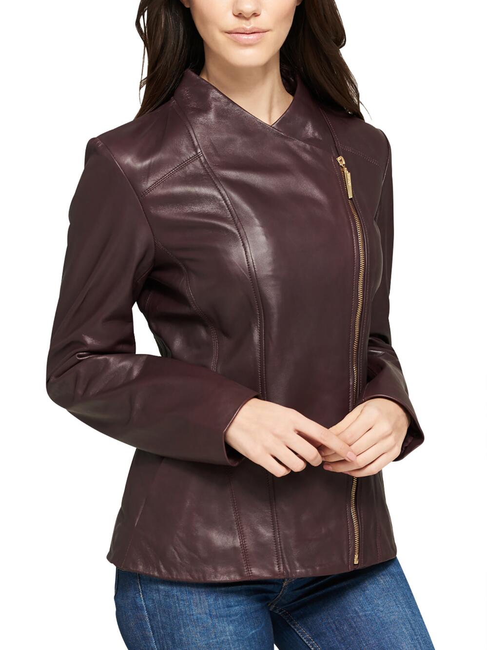 Women's Asymmetrical Cut Burgundy Color Leather Jacket - Jackets Maker