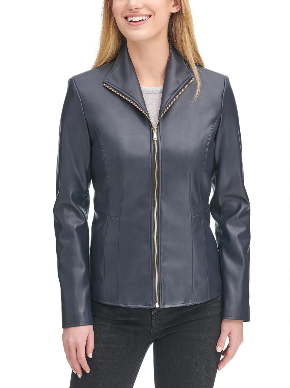 womens navy blue leather jacket