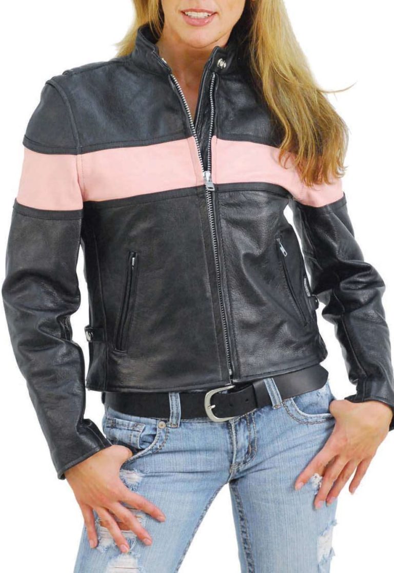 Womens Pink Stripe Motorcycle Leather Jacket - Jackets Maker
