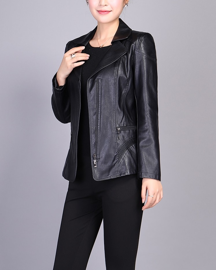 Women S Turn Down Collar Black Color Leather Jacket