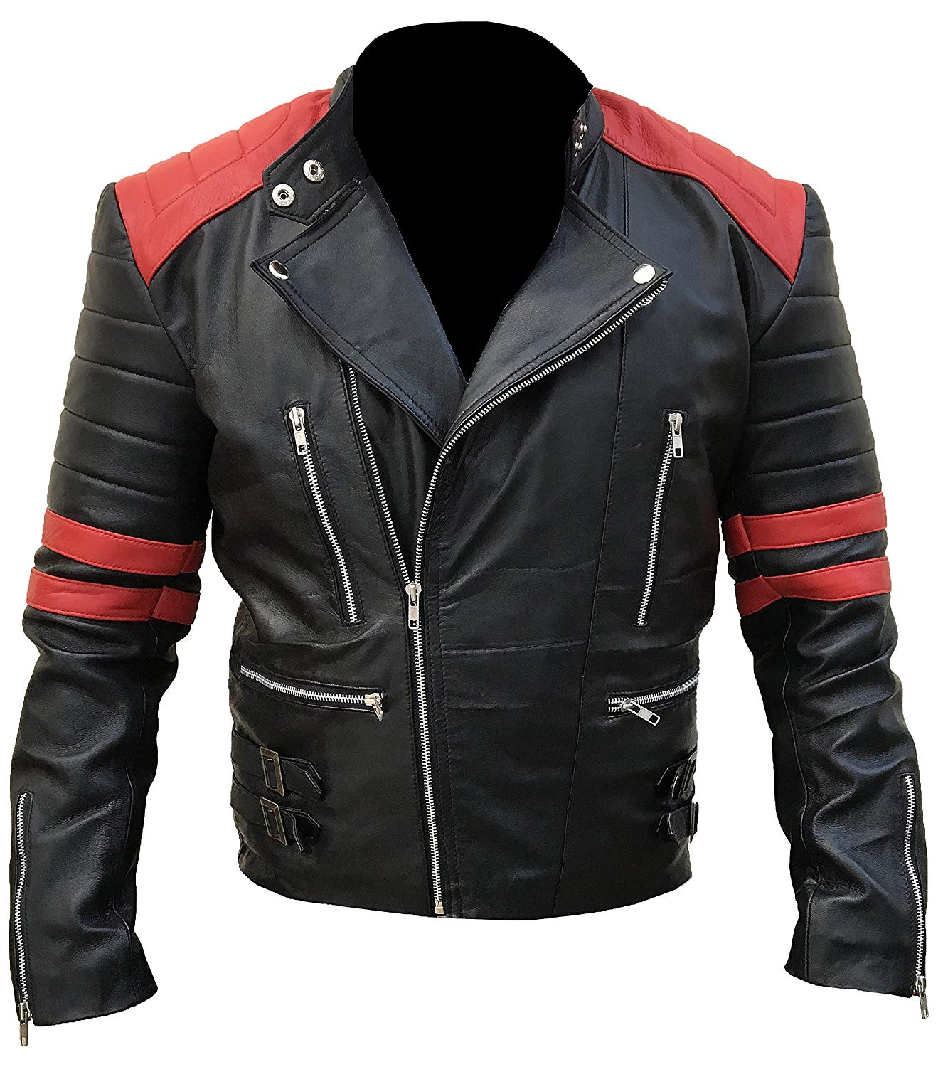 black and red biker jacket