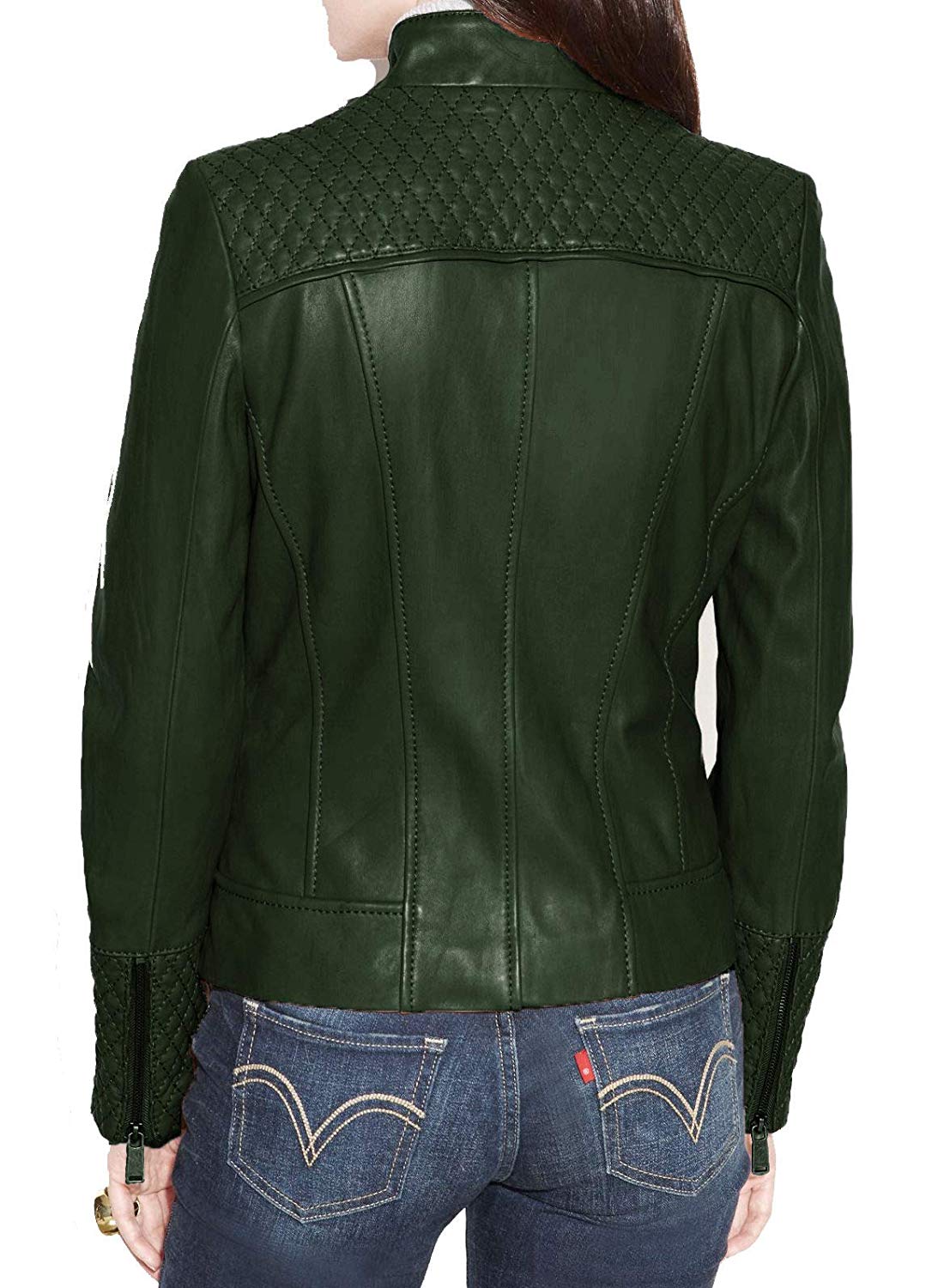 Women's Dark Green Color Quilted Motorcycle Biker Jacket ...