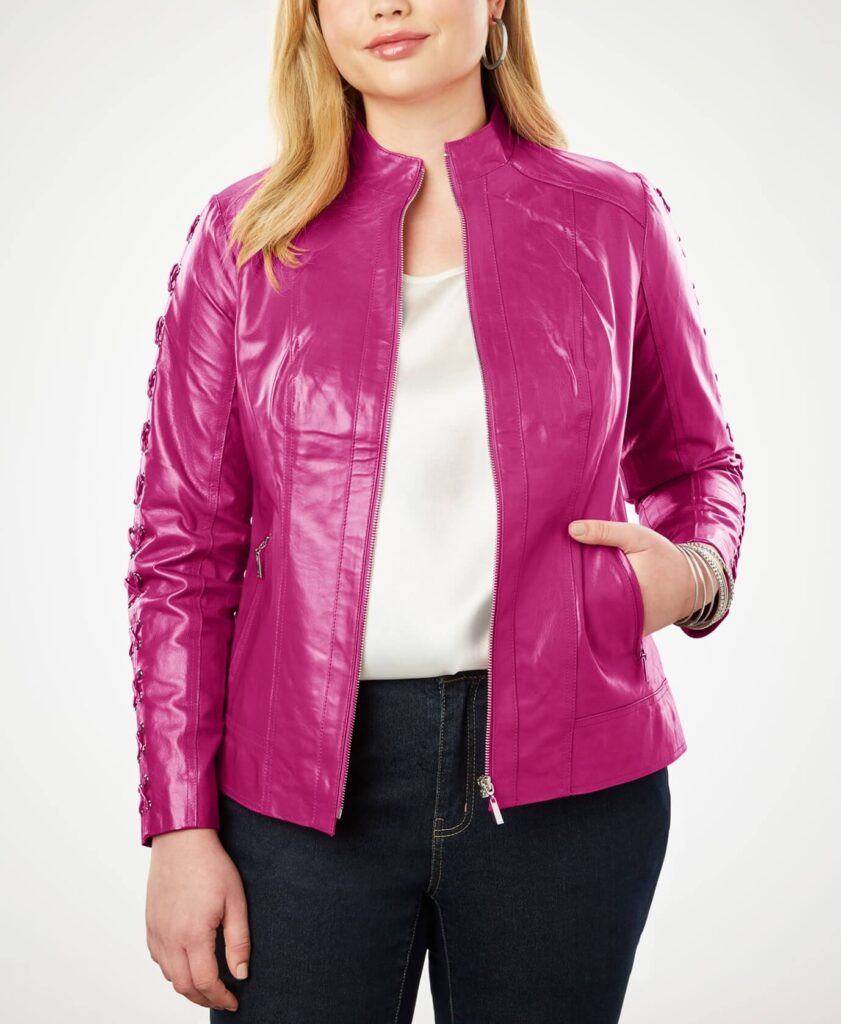 Women's Hot Pink Lace Up Leather Jacket - Jackets Maker