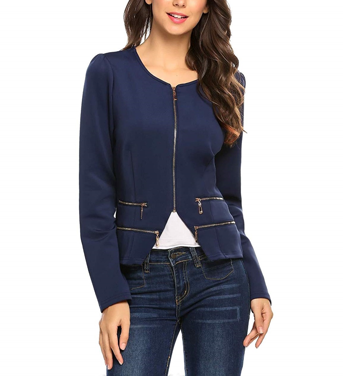 Women's Short Zipper Navy Blue Jacket - Jackets Maker