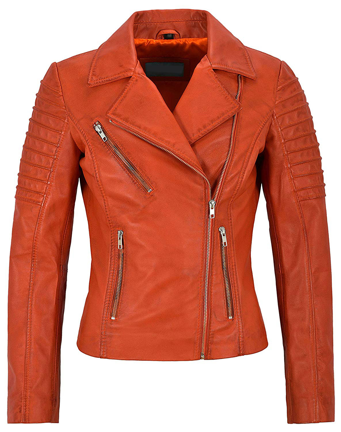 Women's Stylish Orange Color Biker Leather Jacket - Jackets Maker