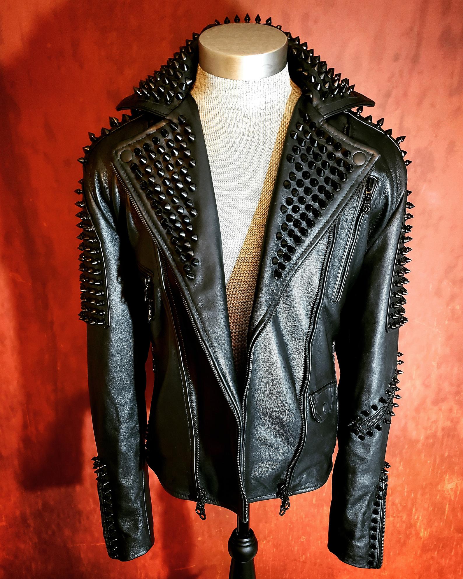 Men s Black Spiked Studded Punk  Rock Leather Jacket  