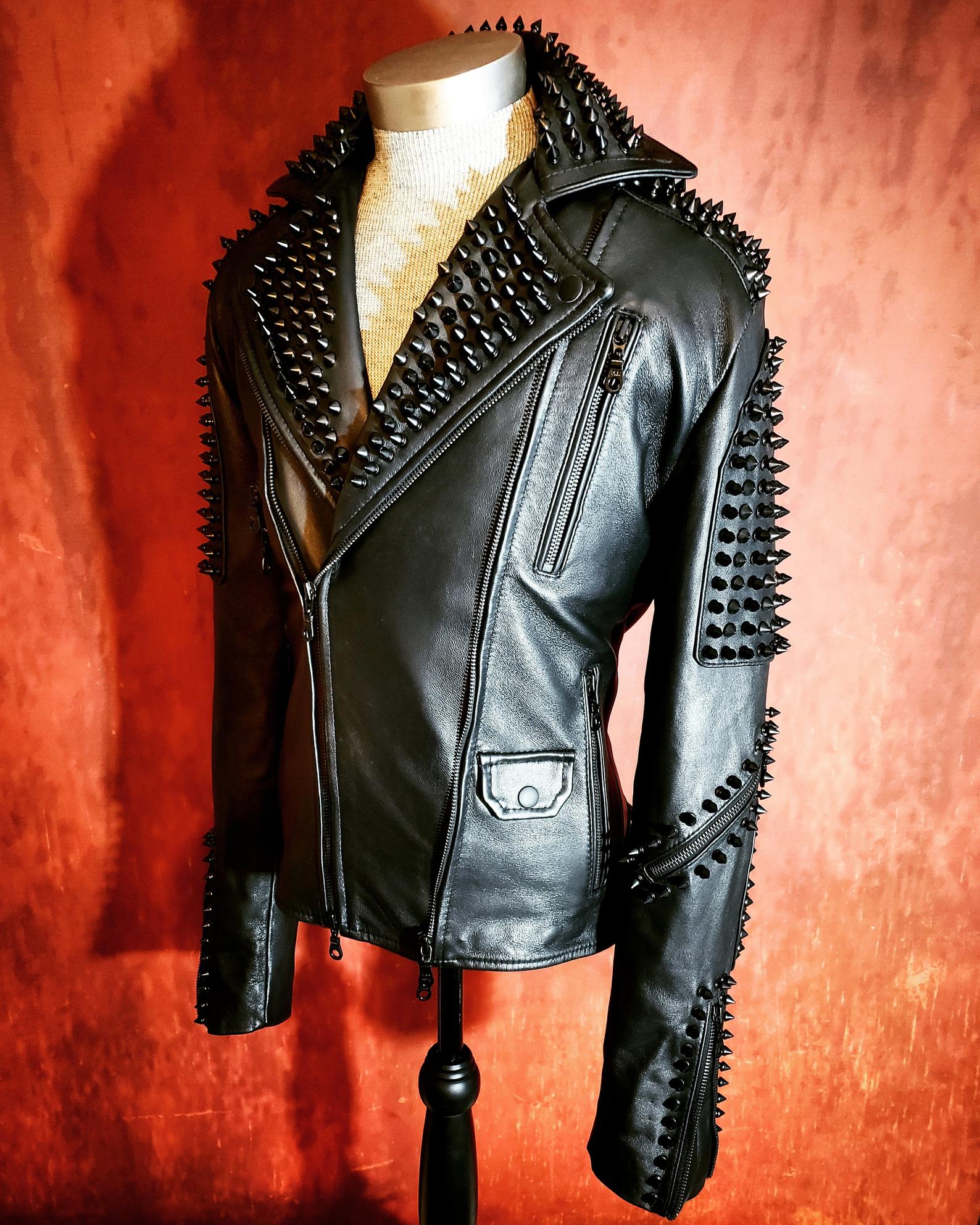 Men s Black Spiked Studded Punk Rock  Leather Jacket  