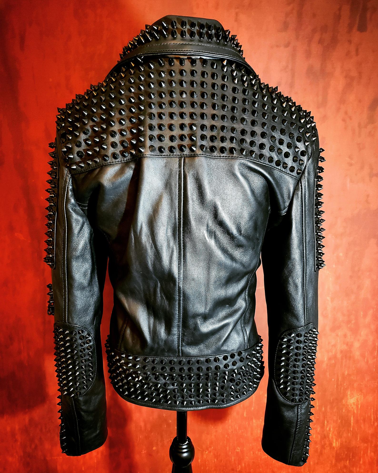 Men s Black Spiked Studded Punk  Rock Leather Jacket  