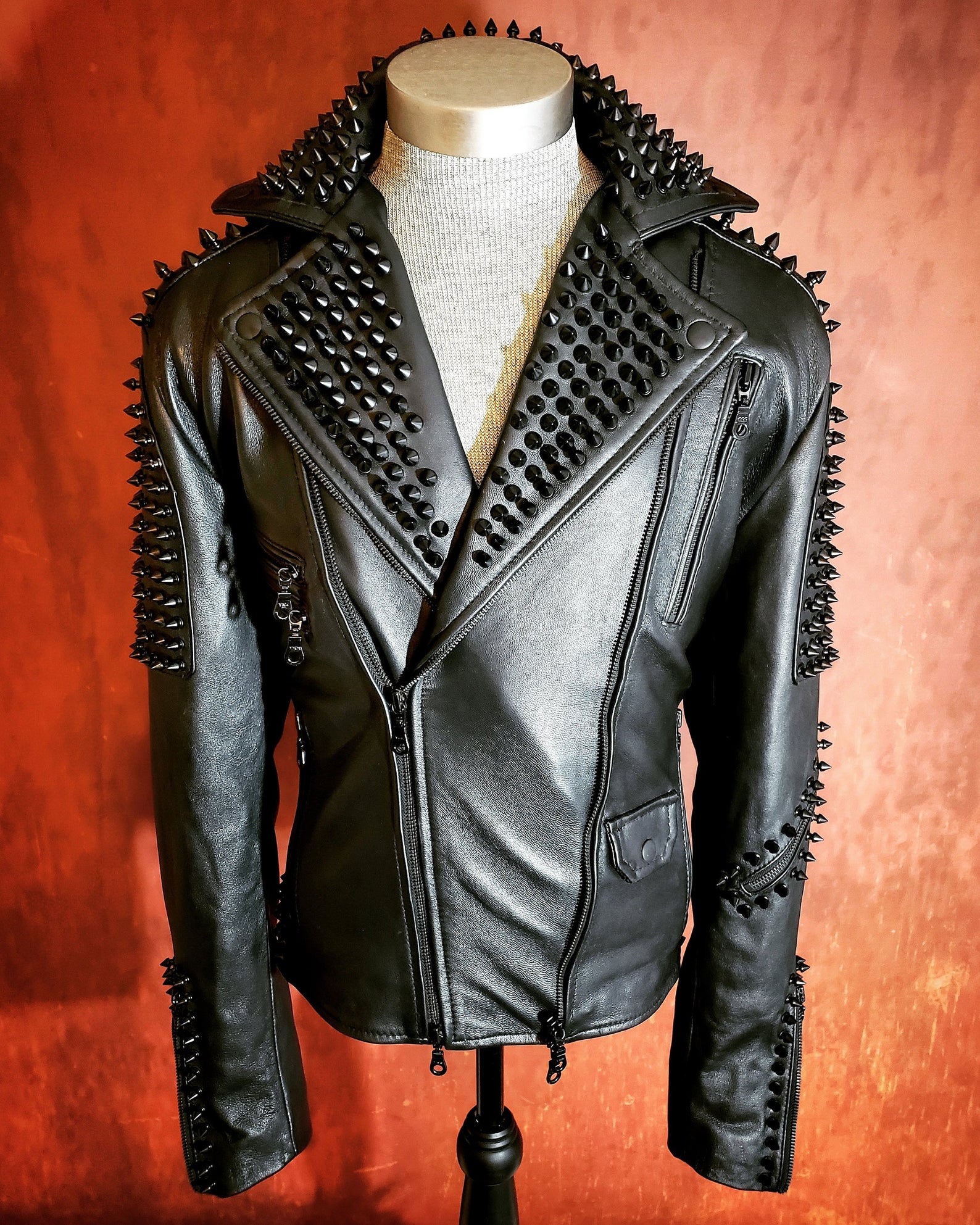 Men s Black Spiked Studded Punk Rock  Leather Jacket  