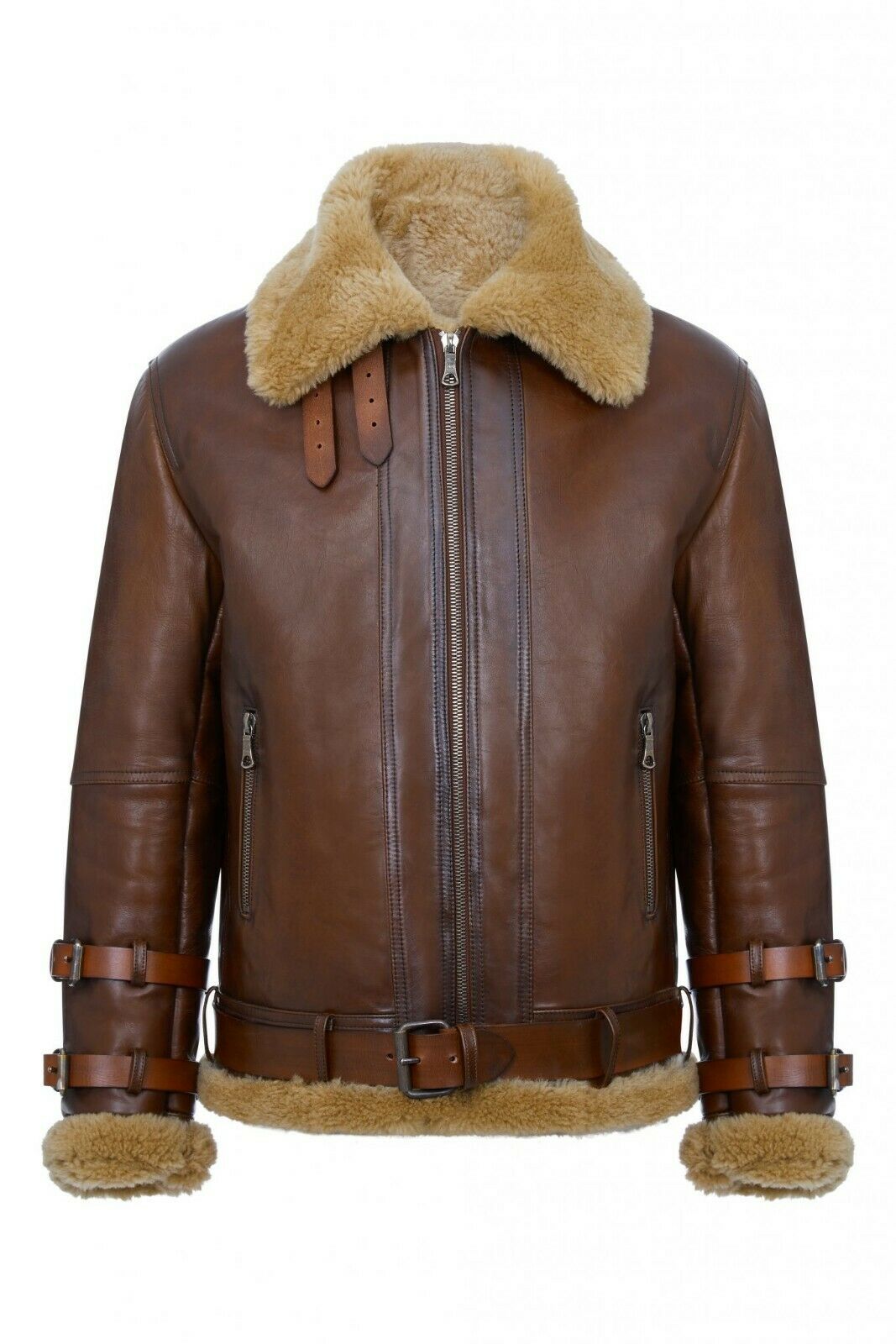 Men's Brown Pilot Aviator Shearling Genuine sheepskin leather jacket ...