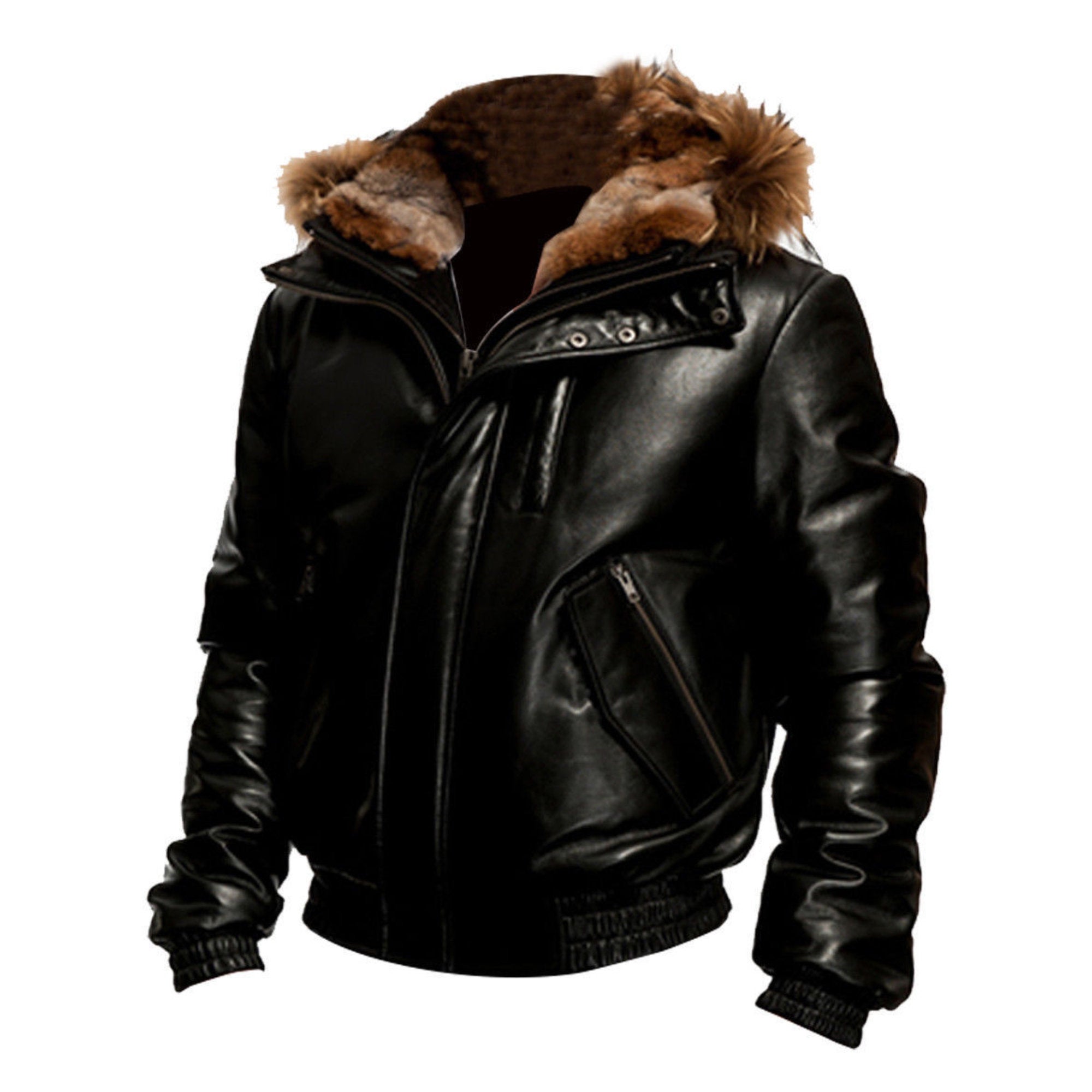 Fur Collar Hooded Bomber Real Sheepskin Leather Jacket For Men ...