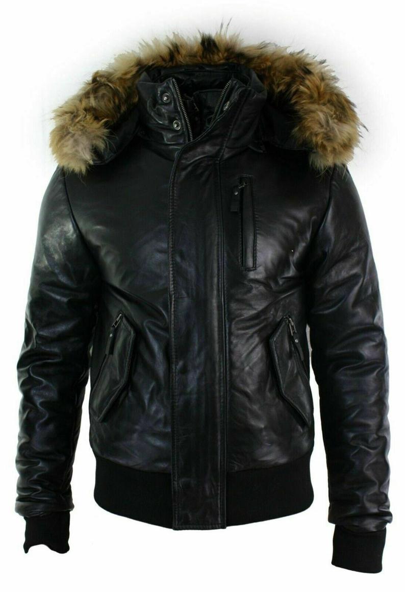 Men's Black Fur Hooded Bomber B3 Genuine Sheepskin Leather ...