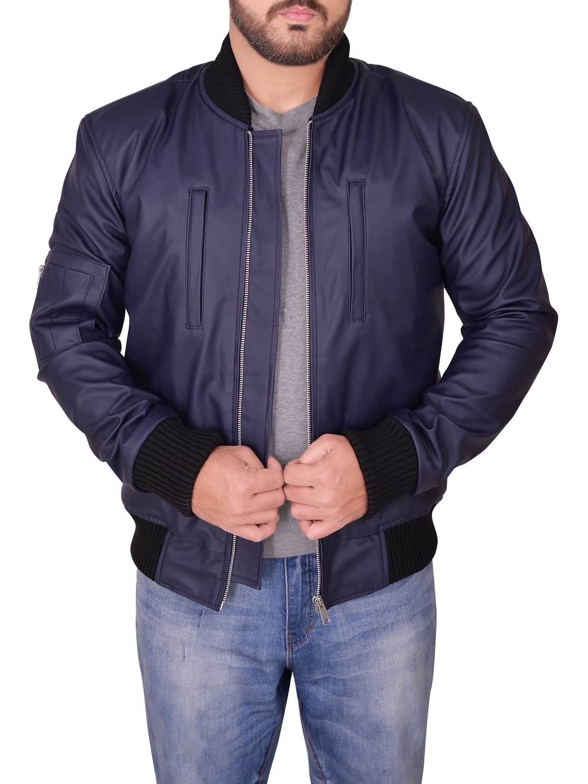 Navy Blue Varsity Leather Jacket - Jackets Maker