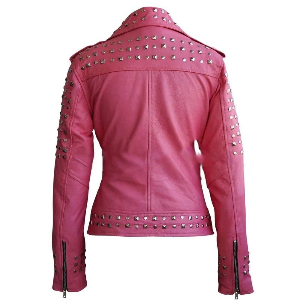 Women Studded Spiked Pink Leather Jacket - Jackets Maker