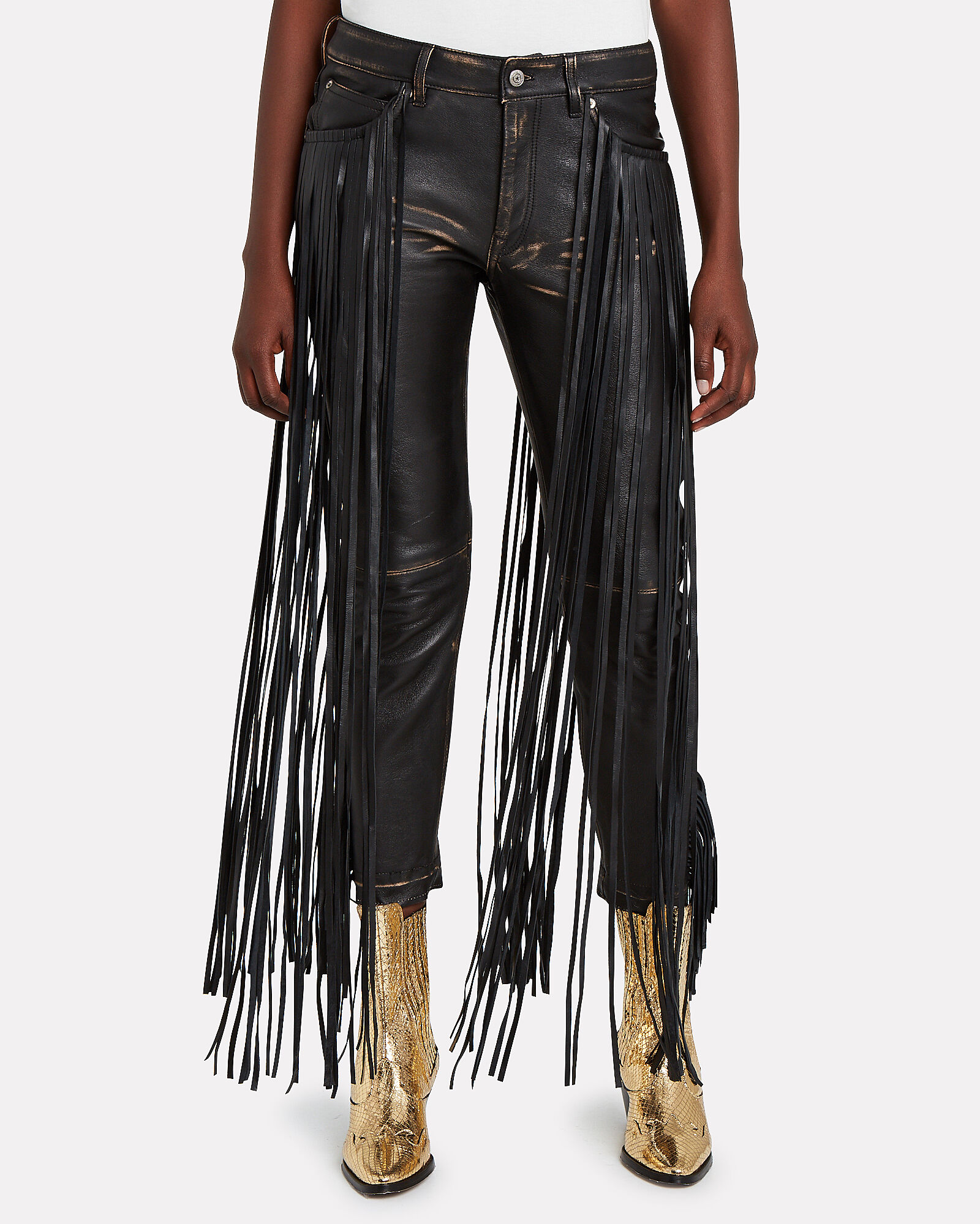 gold fringe pants
