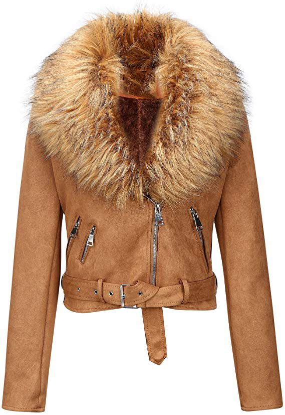 short leather jacket with fur collar