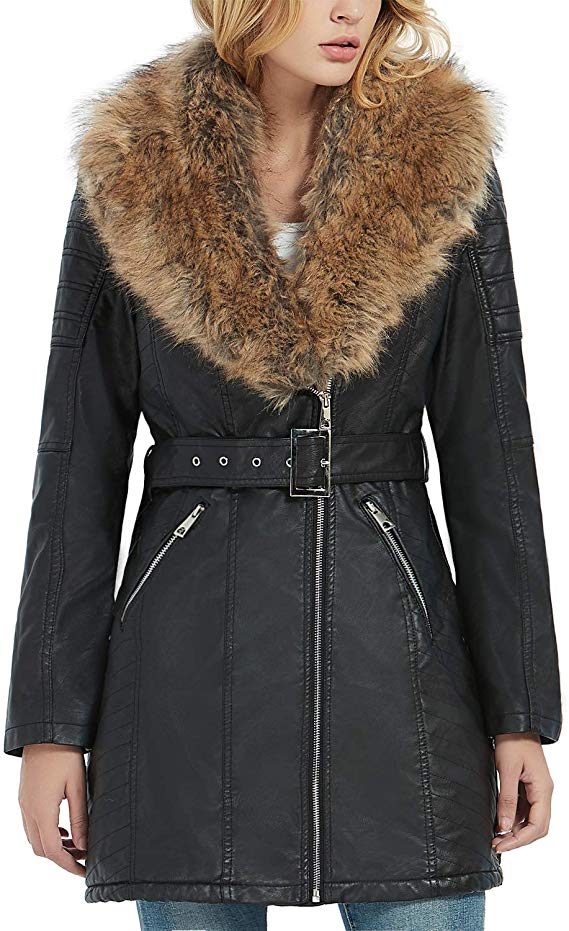 Ladies Real New Vintage Short Black Leather Jacket Coat With Fur Collar