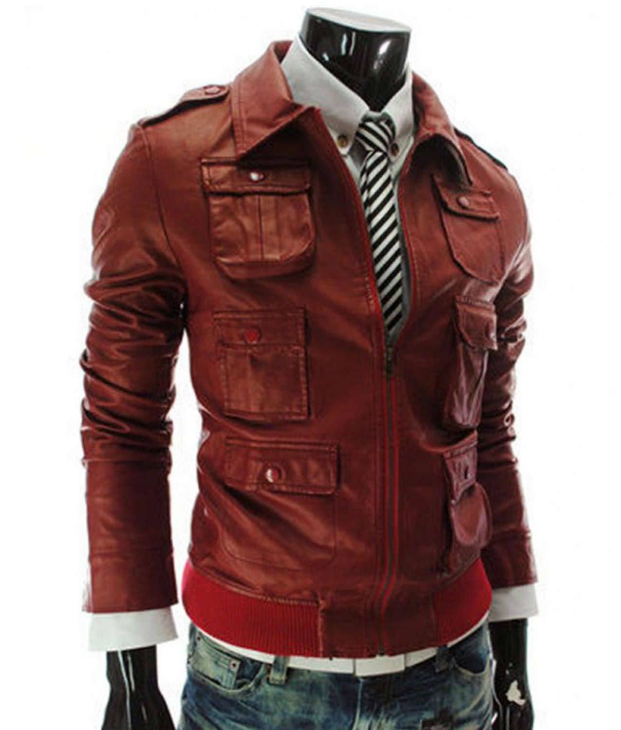 Men’s Slim Fit Bomber Style Red Faux Leather Jacket - Jackets Maker