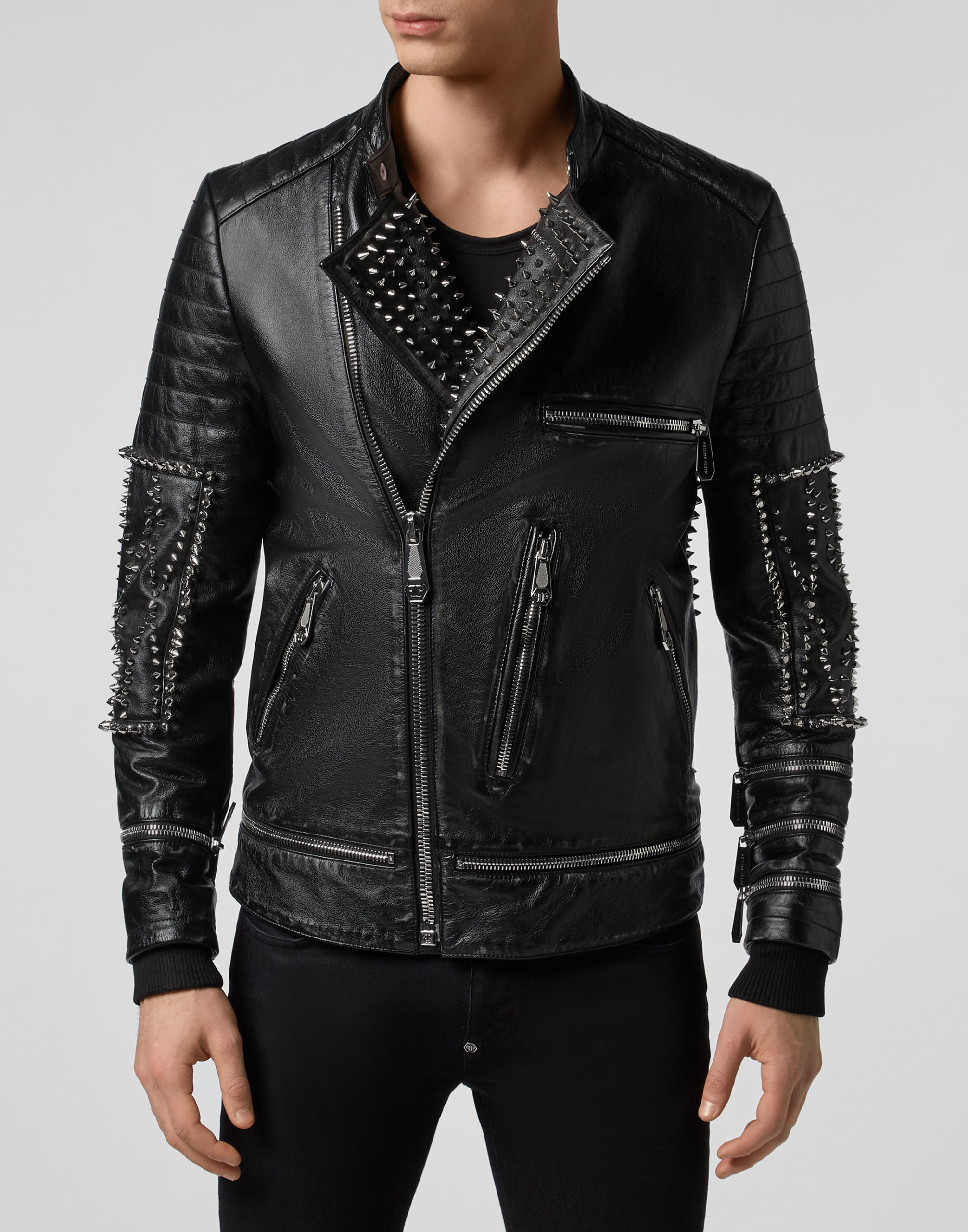 Black Cowhide Leather Biker Studs - Jackets Maker