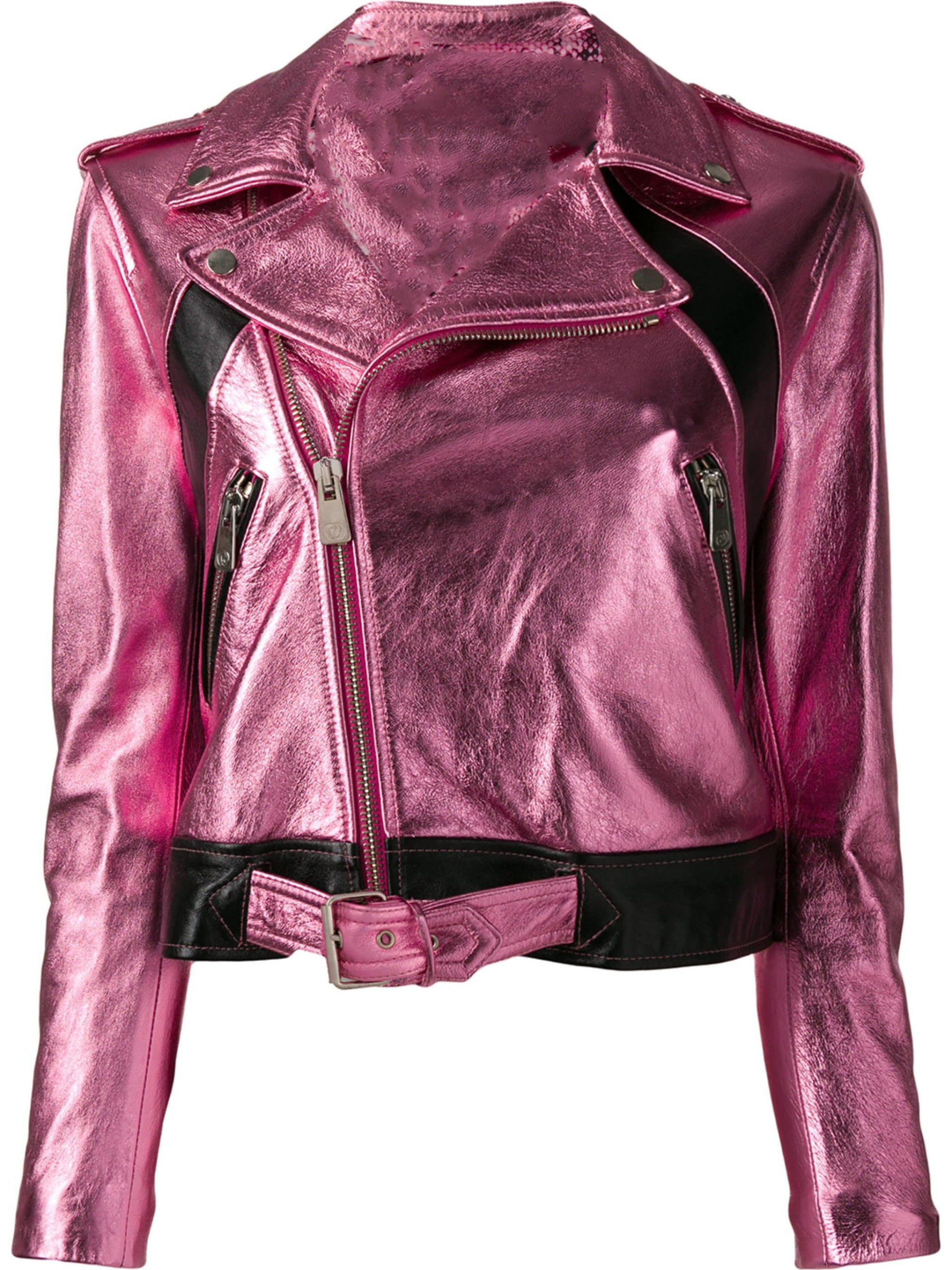 pink metallic biker jacket