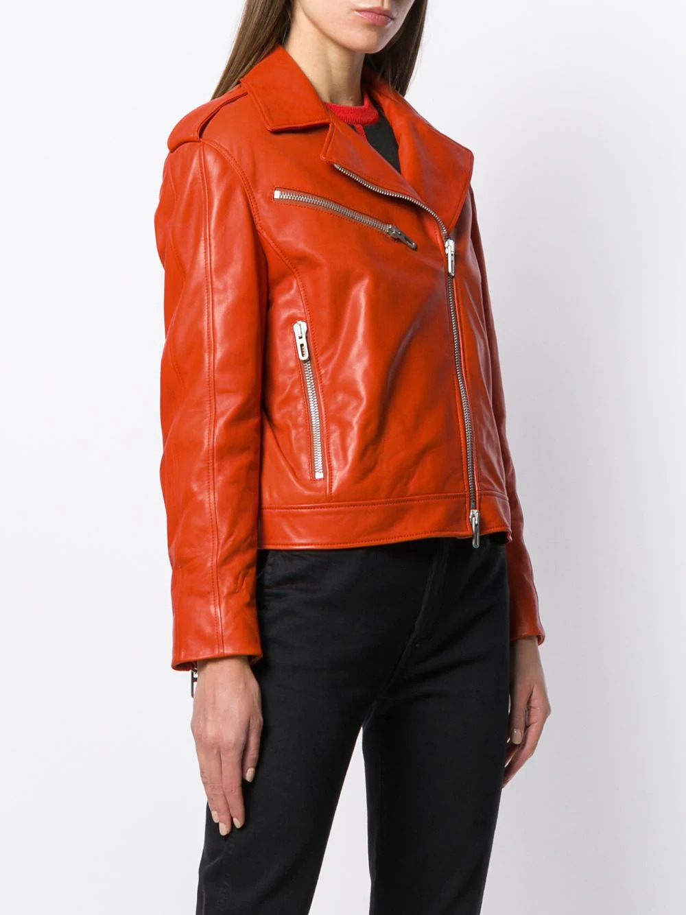 Orange Cropped Leather Biker Jacket - Jackets Maker