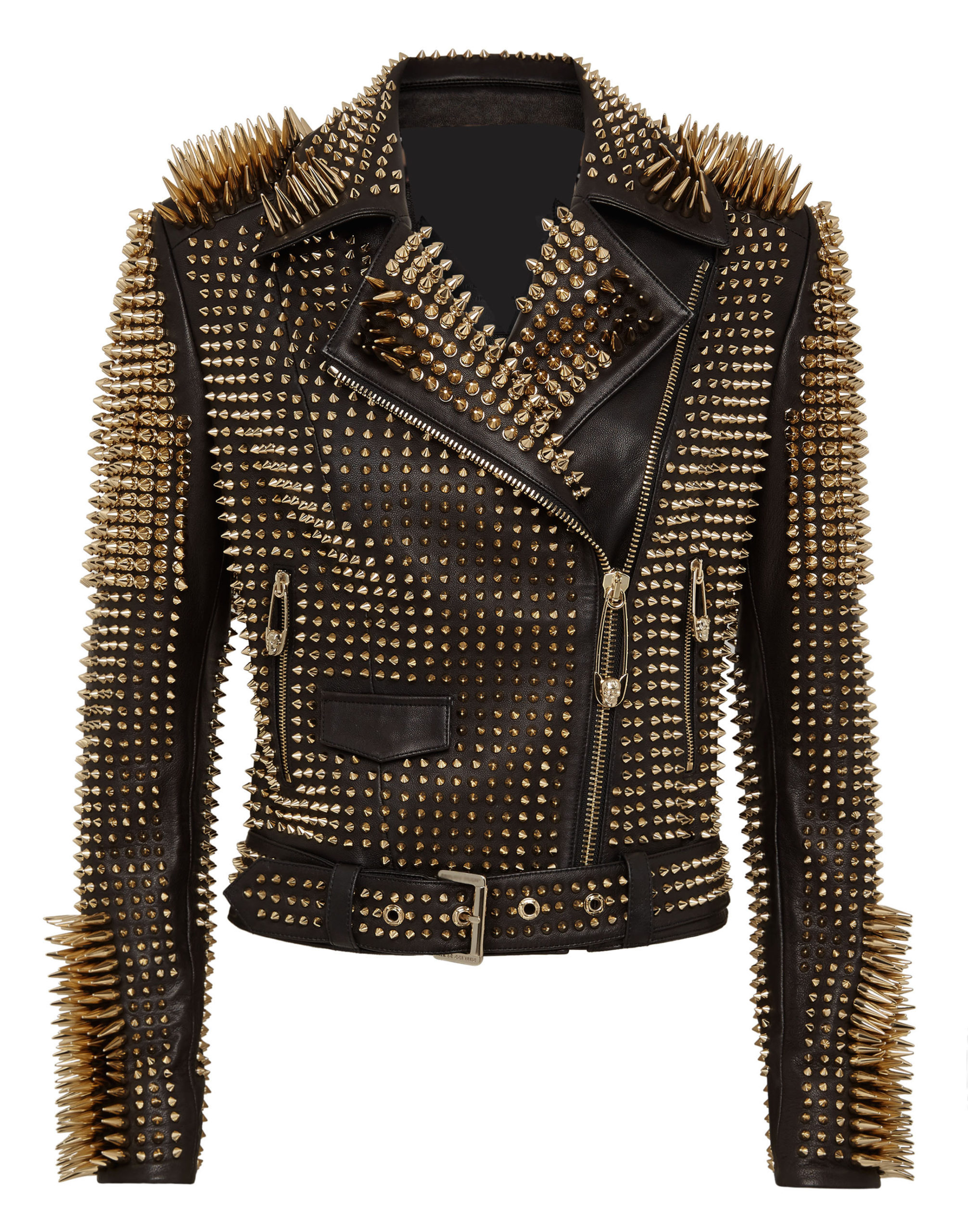 Black Leather Golden Spike Studded Punk Style Biker Jacket - Jackets Maker