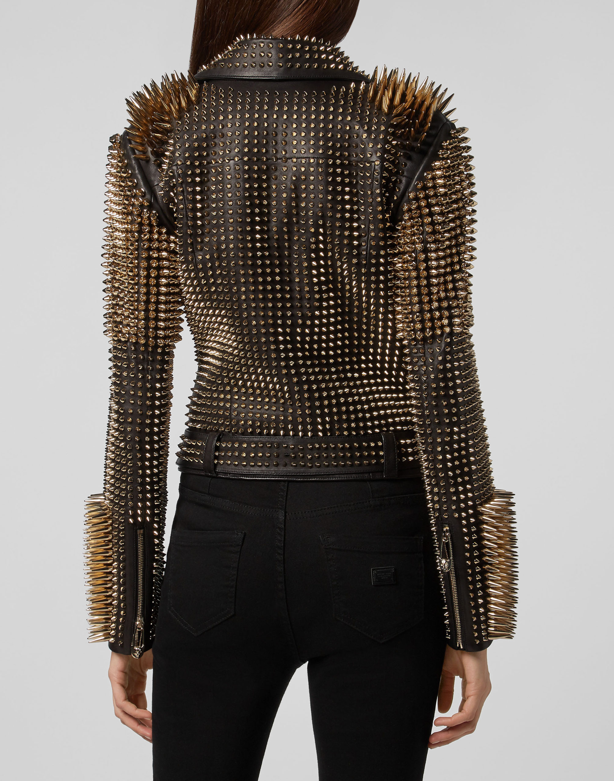 black leather jacket with gold