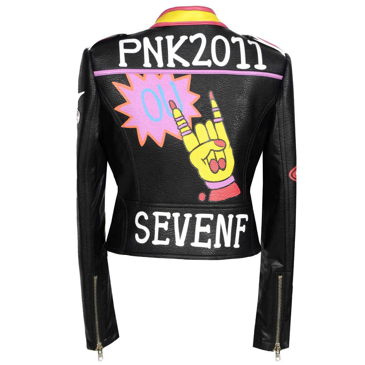 Graffiti Rivet Beading PU Leather Biker Jacket - Jackets Maker