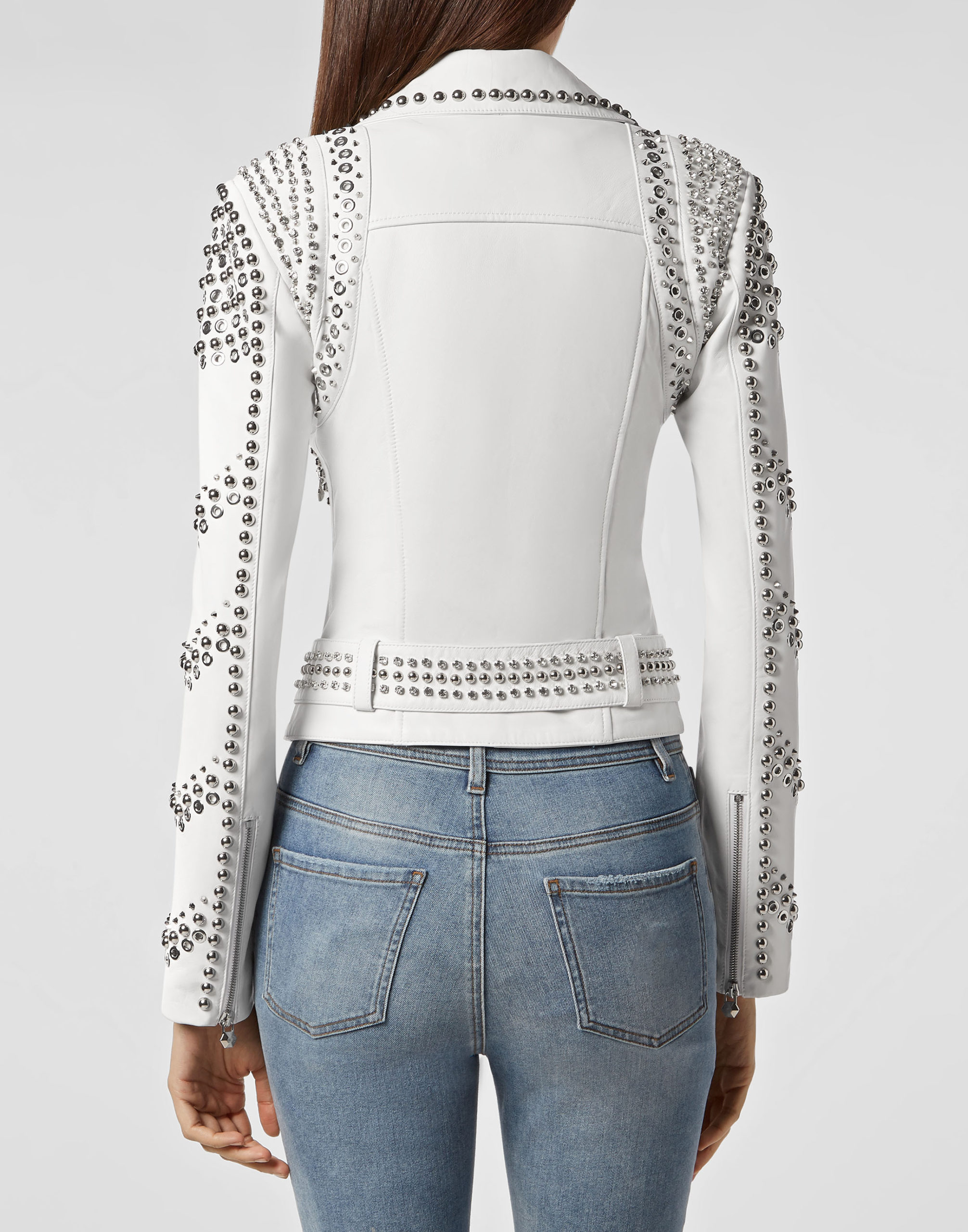 White Lambskin Perfecto Spike-Stud Biker Jacket - Jackets Maker
