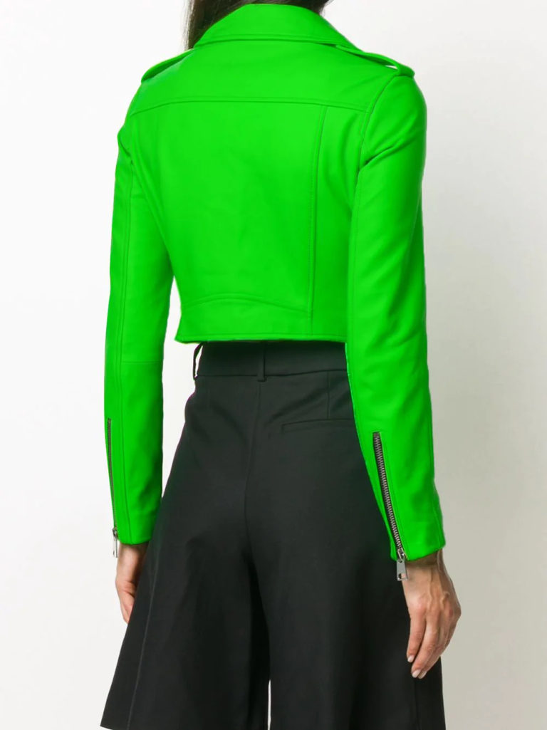 Cropped Zip Detail Green Biker Leather Jacket - Jackets Maker