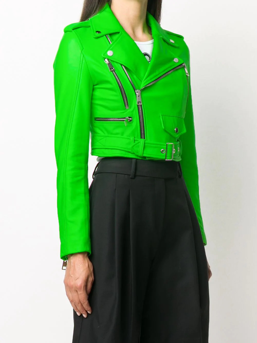 Cropped Zip Detail Green Biker Leather Jacket - Jackets Maker
