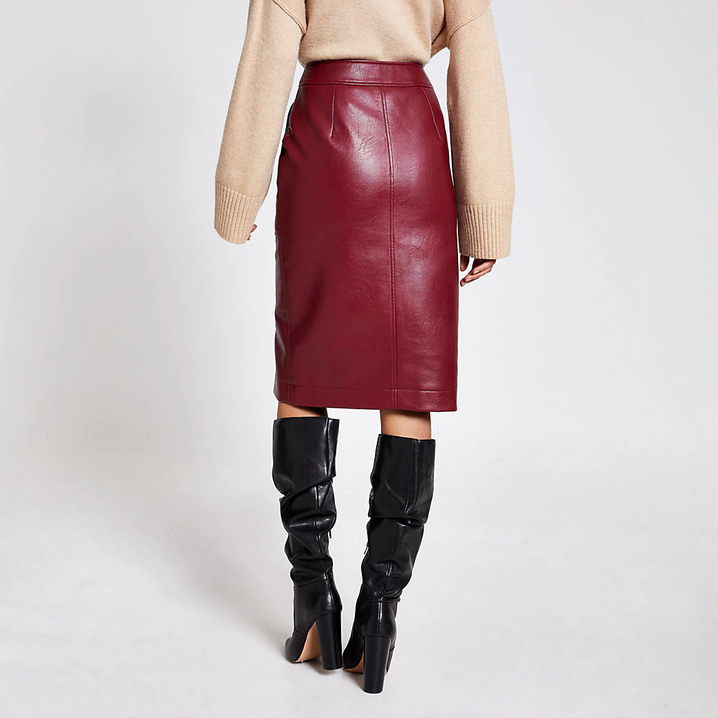 mid length dark red leather skirt