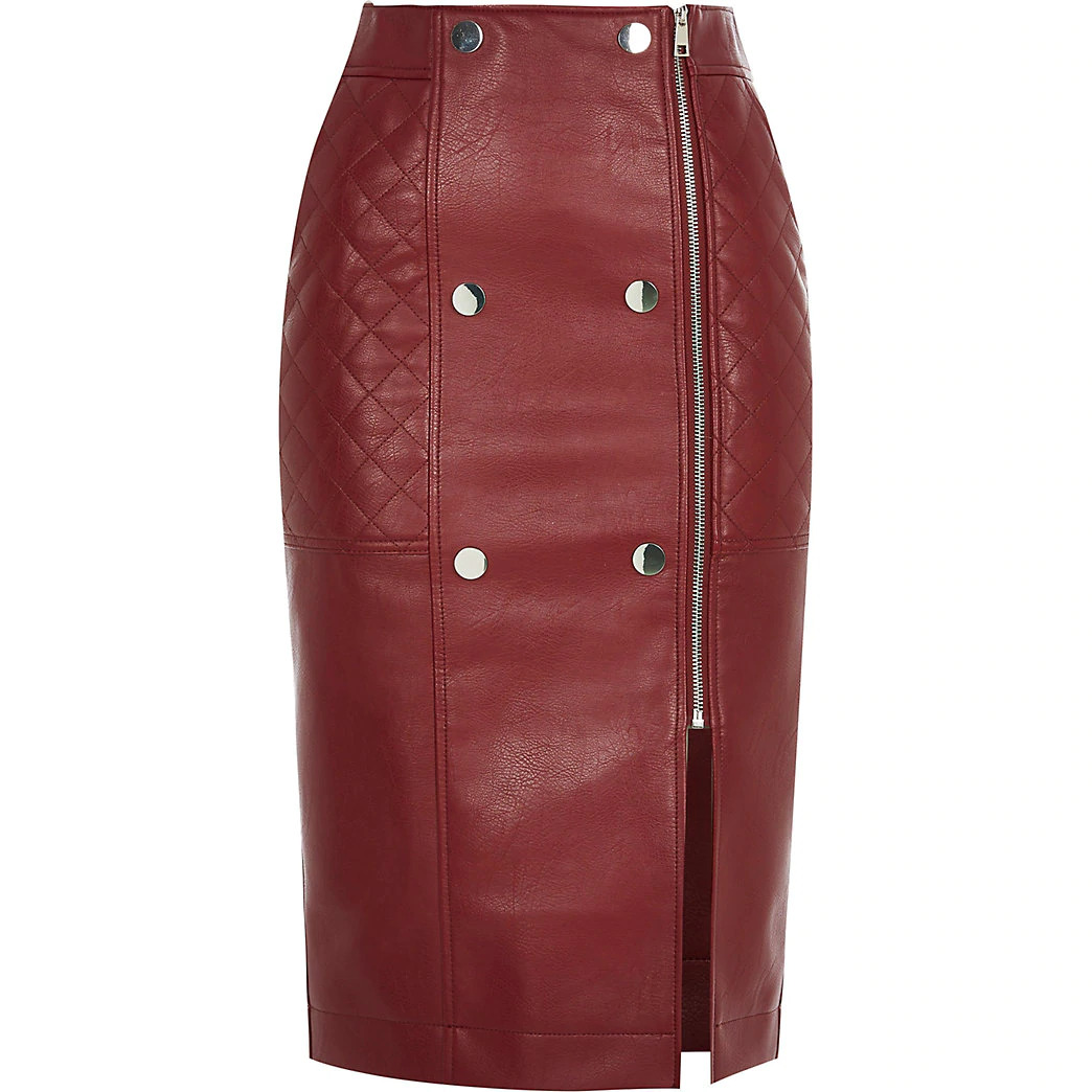 mid length dark red leather skirt